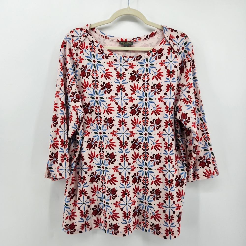 Style & Co Women's 2X Floral Print 3/4 Sleeve‎ Knit Top Blouse